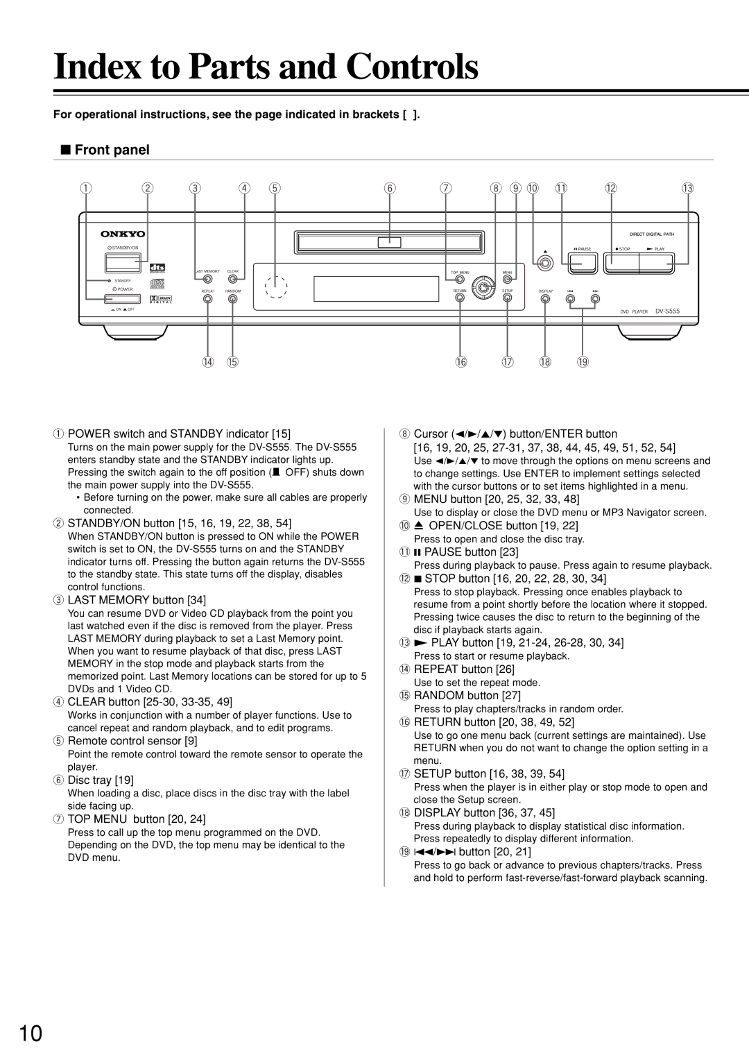 Onkyo DV-S555 instruction manual Index to Parts and Controls, Front panel 