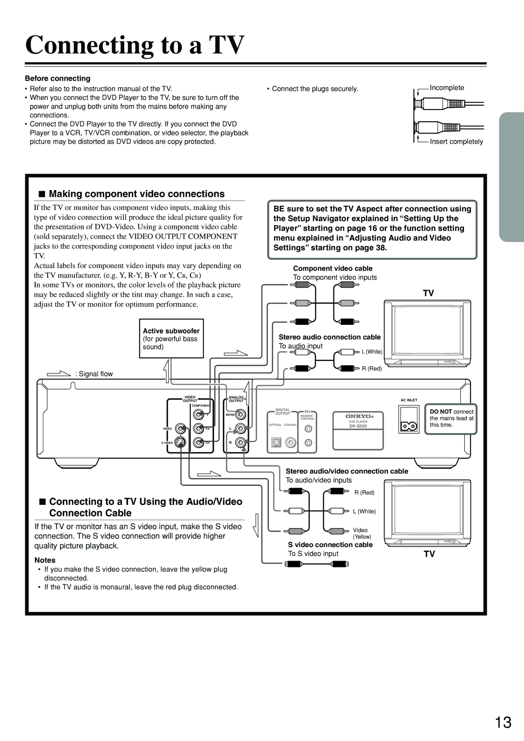 Onkyo DV-S555 instruction manual Connecting to a TV, Making component video connections 