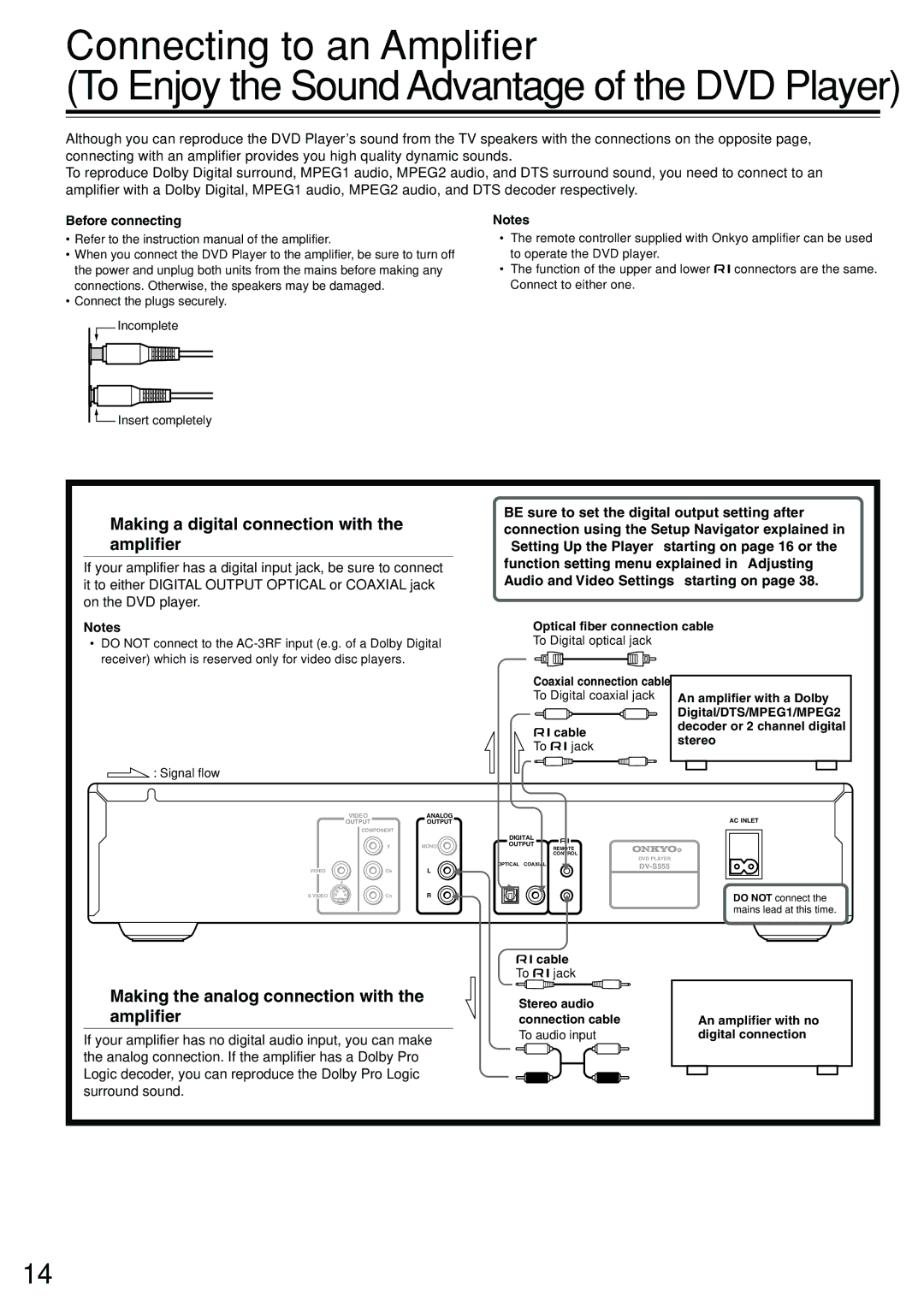 Onkyo DV-S555 Making a digital connection with the amplifier, Making the analog connection with the amplifier 