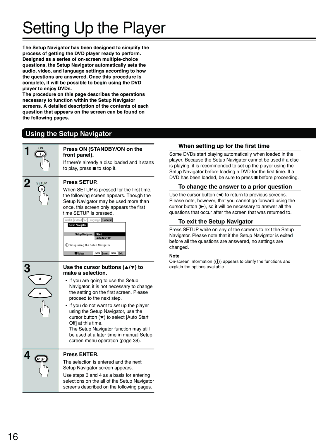 Onkyo DV-S555 instruction manual Setting Up the Player, Using the Setup Navigator, When setting up for the first time 