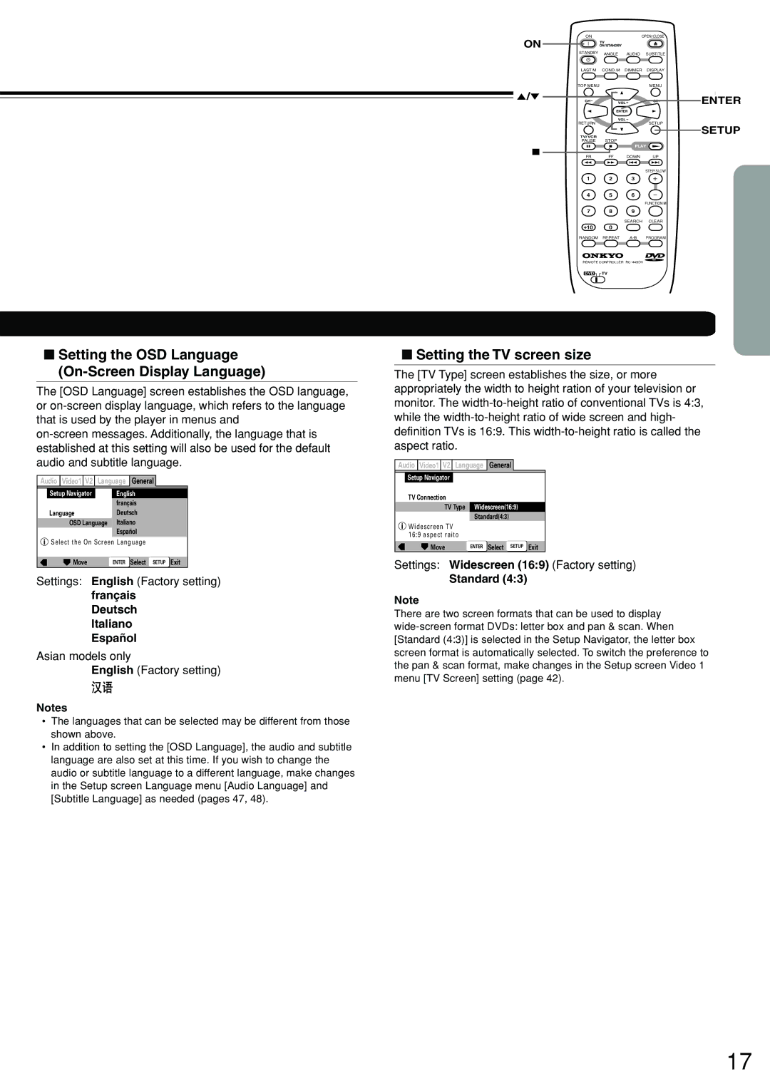Onkyo DV-S555 Setting the OSD Language On-Screen Display Language, Setting the TV screen size, Deutsch Italiano Español 