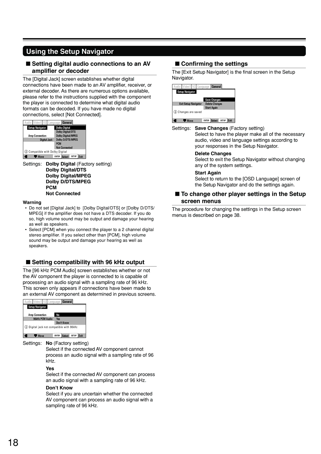 Onkyo DV-S555 instruction manual Setting compatibility with 96 kHz output, Confirming the settings 