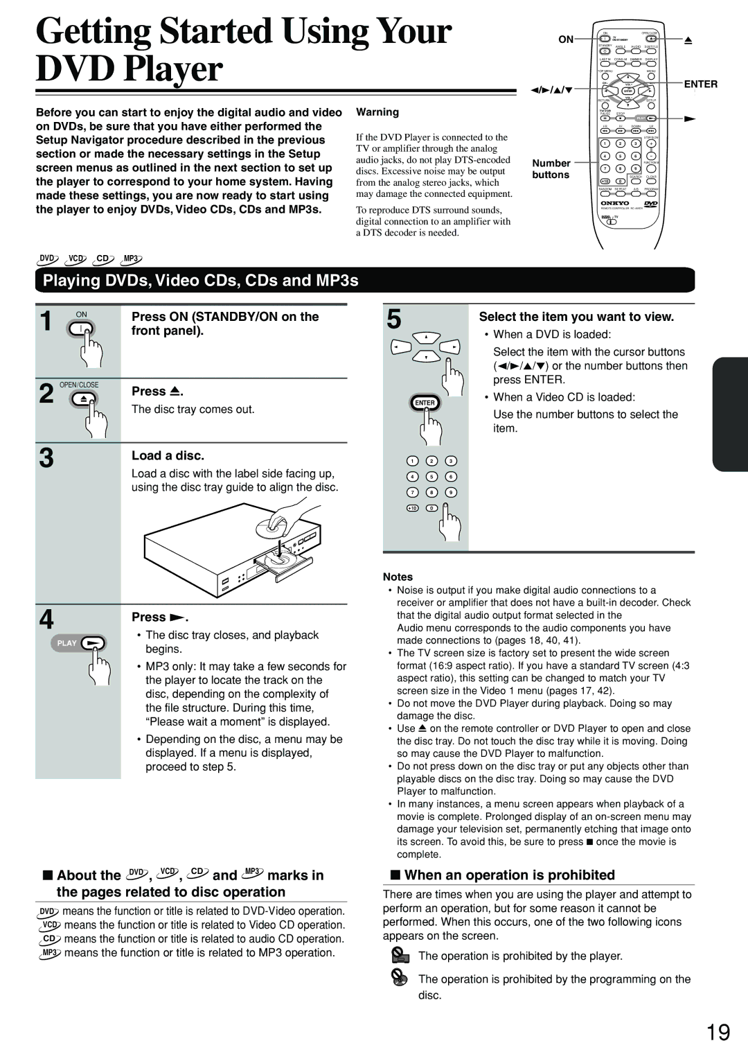 Onkyo DV-S555 instruction manual Getting Started Using Your DVD Player, Playing DVDs, Video CDs, CDs and MP3s 