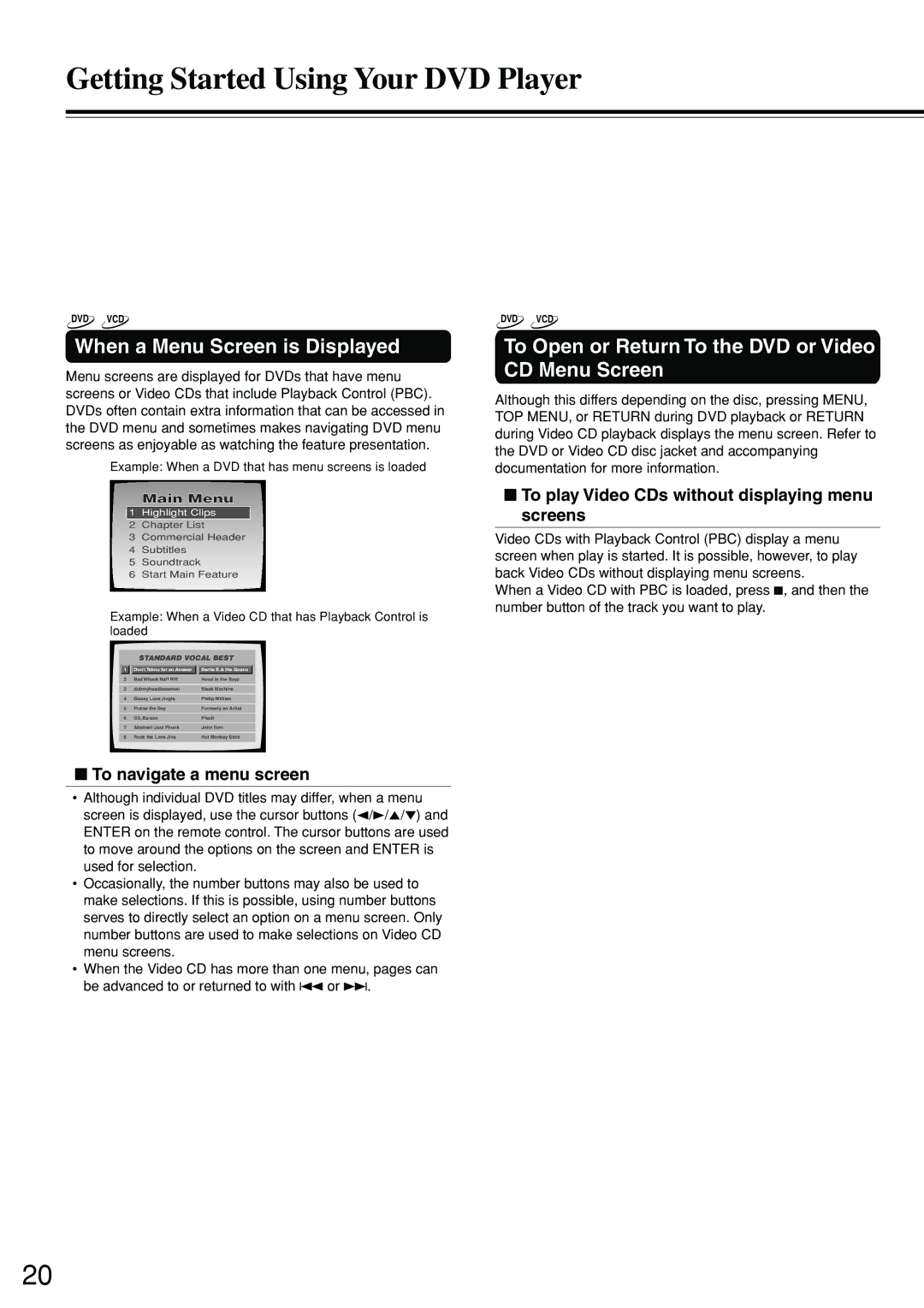 Onkyo DV-S555 instruction manual When a Menu Screen is Displayed, To Open or Return To the DVD or Video CD Menu Screen 