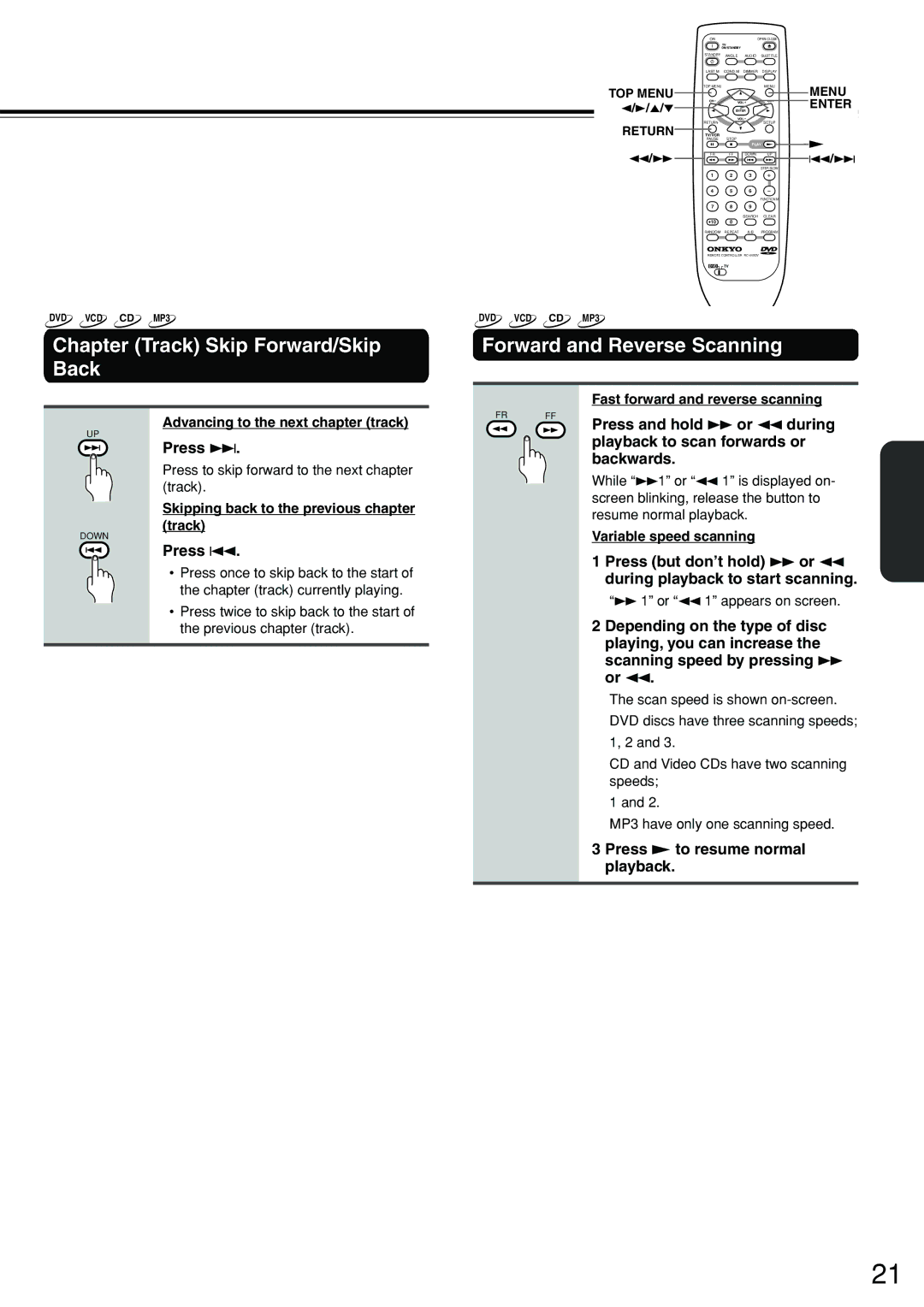 Onkyo DV-S555 instruction manual Chapter Track Skip Forward/Skip Back, Forward and Reverse Scanning, Press ¢ 