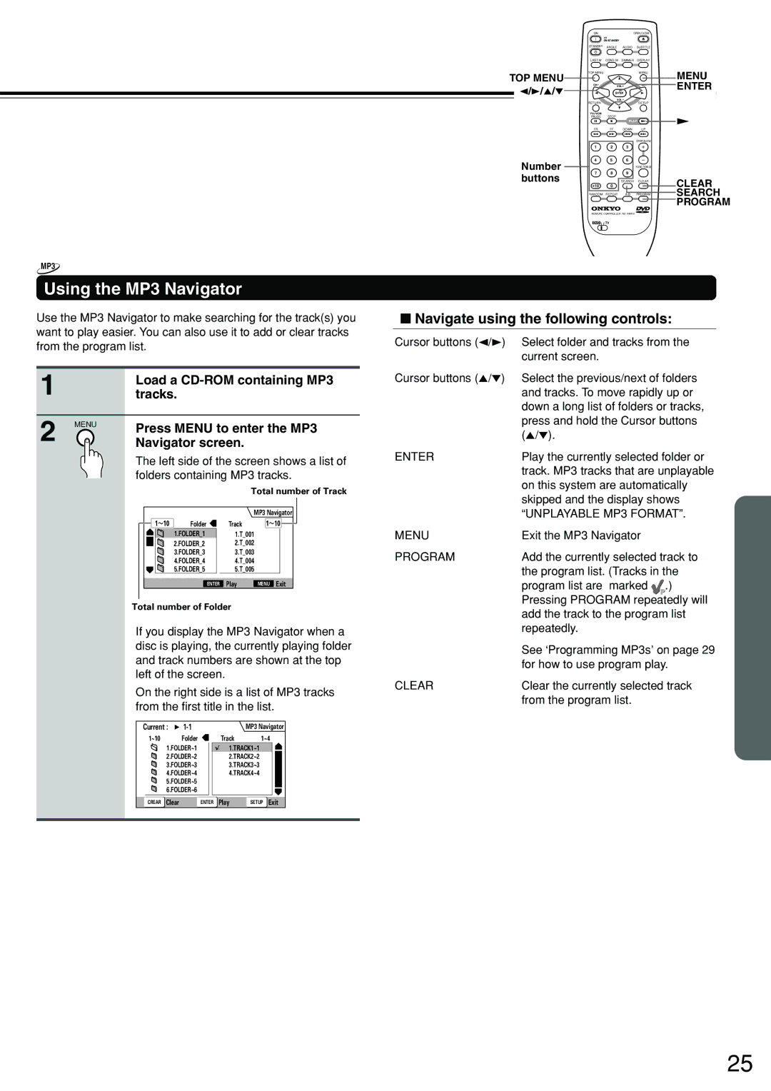 Onkyo DV-S555 instruction manual Using the MP3 Navigator, Navigate using the following controls 