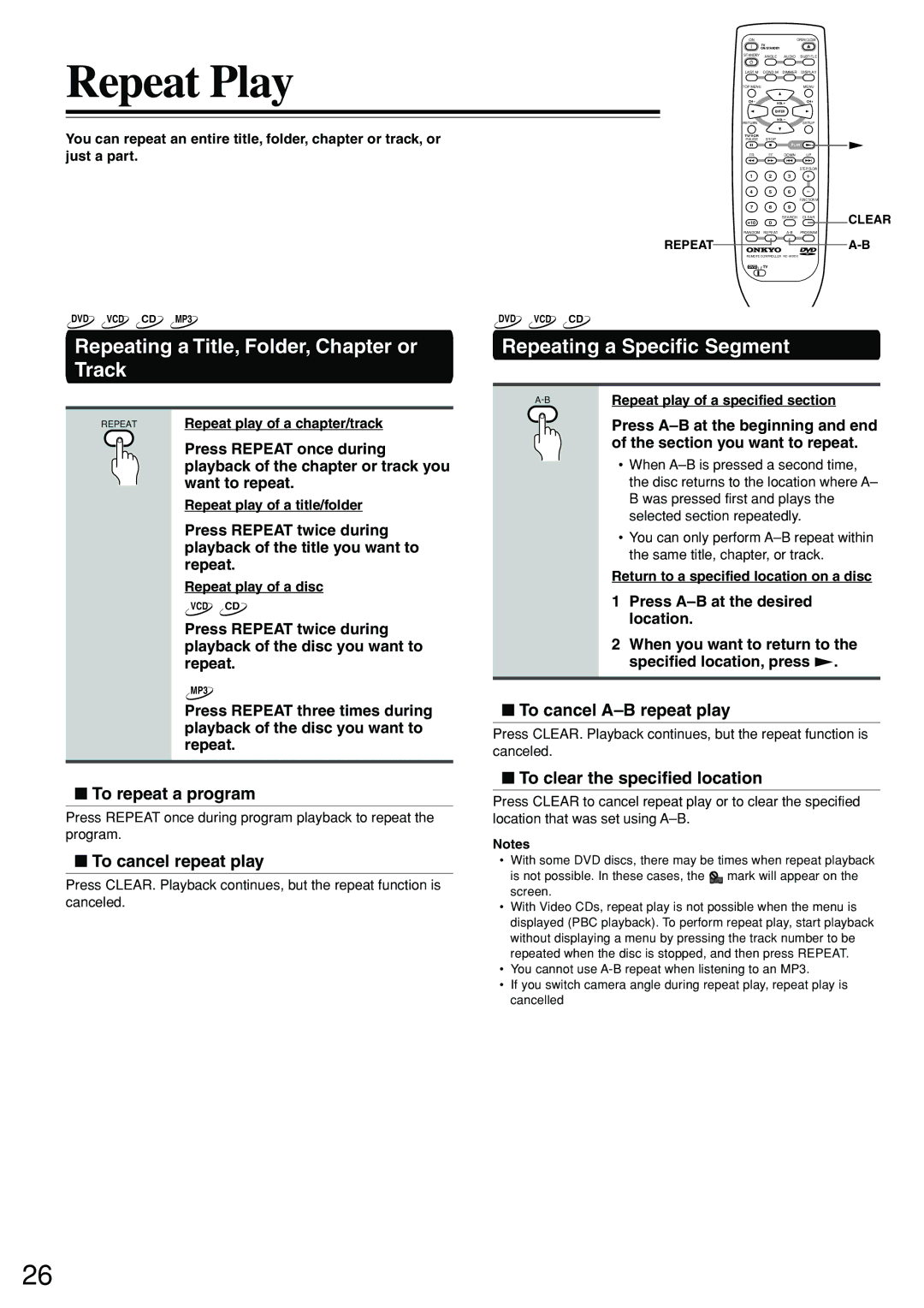 Onkyo DV-S555 instruction manual Repeat Play, Repeating a Title, Folder, Chapter or Track, Repeating a Specific Segment 