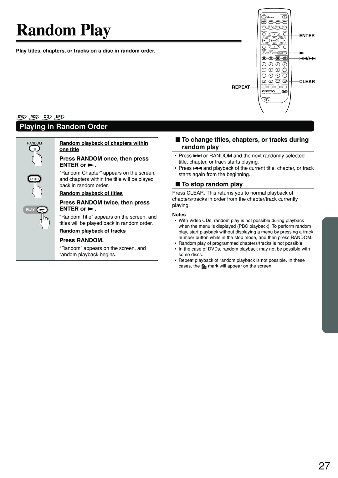 Onkyo DV-S555 Random Play, Playing in Random Order, To change titles, chapters, or tracks during random play 