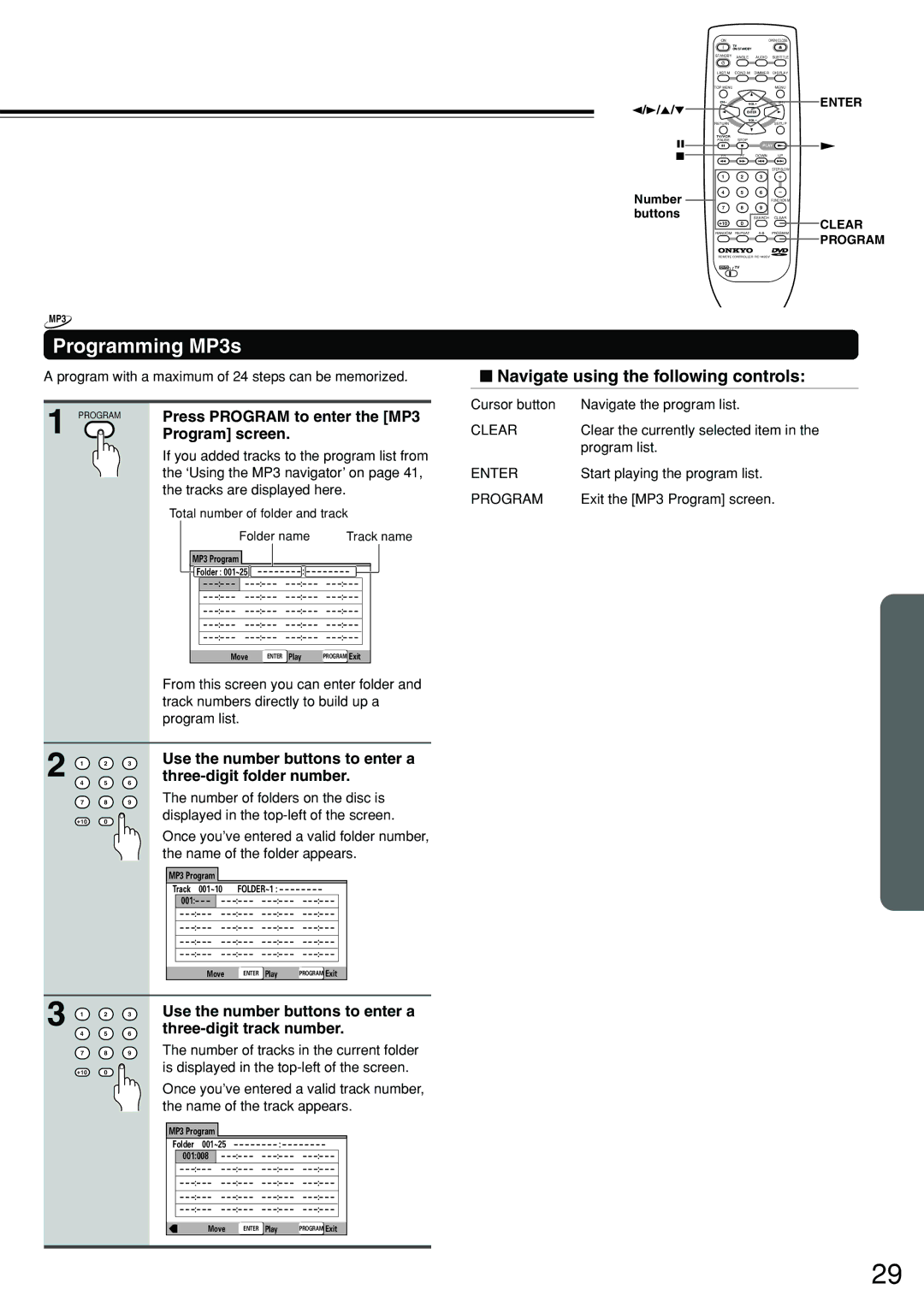 Onkyo DV-S555 instruction manual Programming MP3s, Press Program to enter the MP3, Program screen 