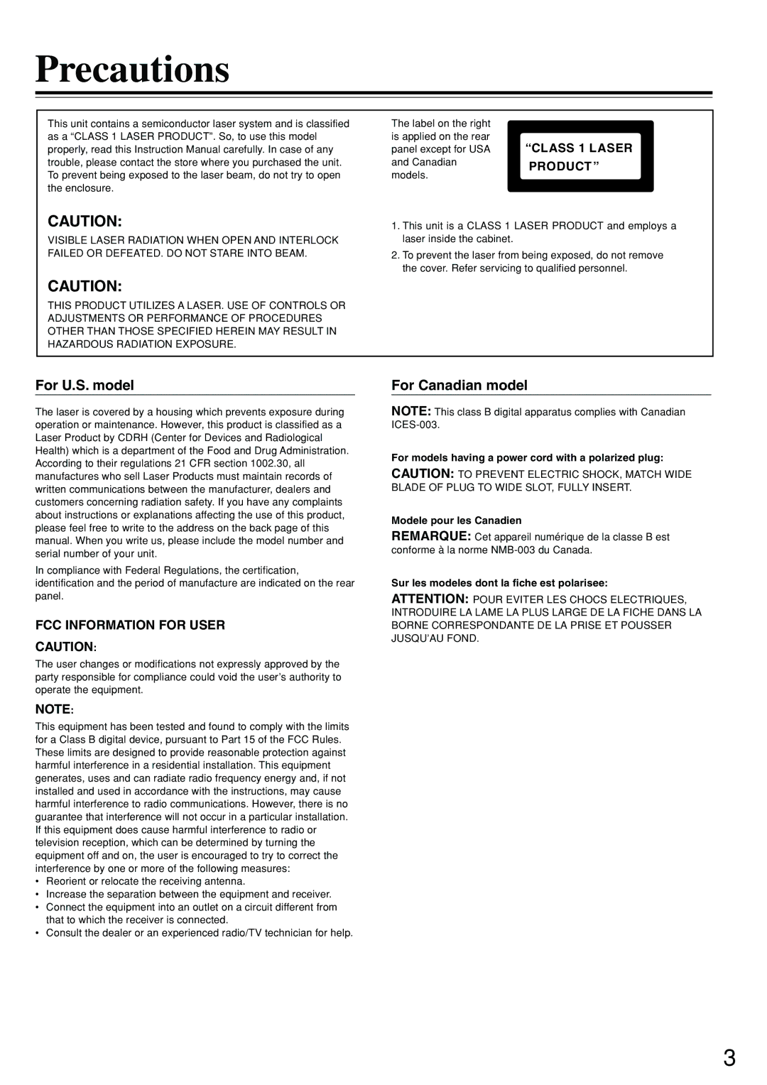 Onkyo DV-S555 Precautions, For U.S. model, For Canadian model, Sur les modeles dont la fiche est polarisee 