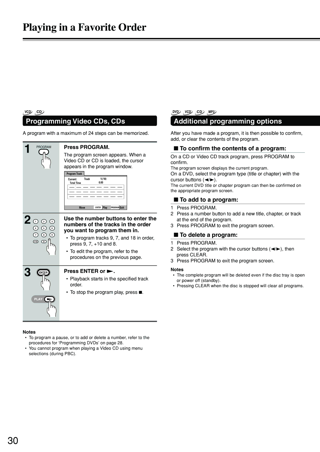 Onkyo DV-S555 Programming Video CDs, CDs, Additional programming options, To confirm the contents of a program 