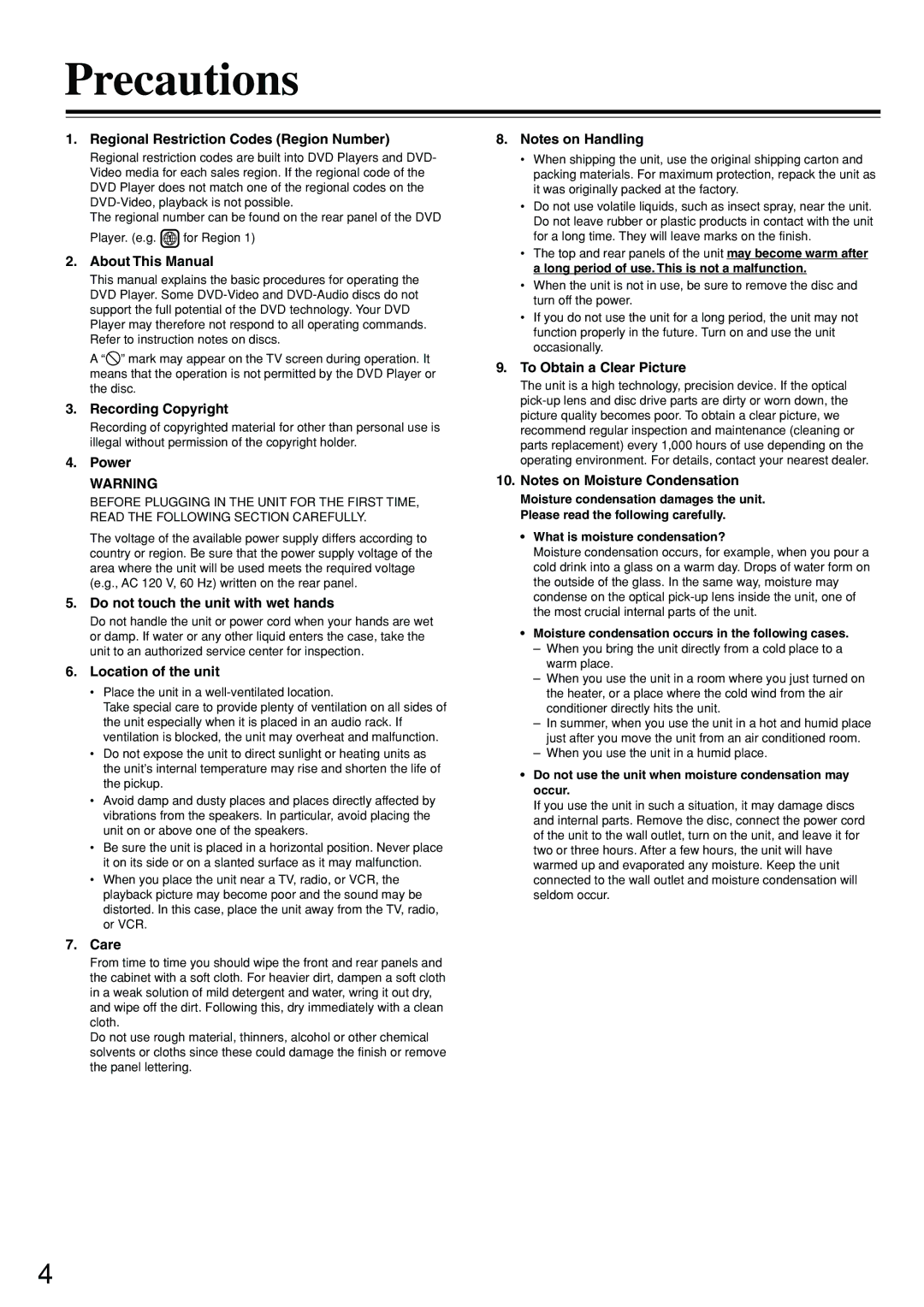 Onkyo DV-S555 Regional Restriction Codes Region Number, About This Manual, Recording Copyright, Power, Care 