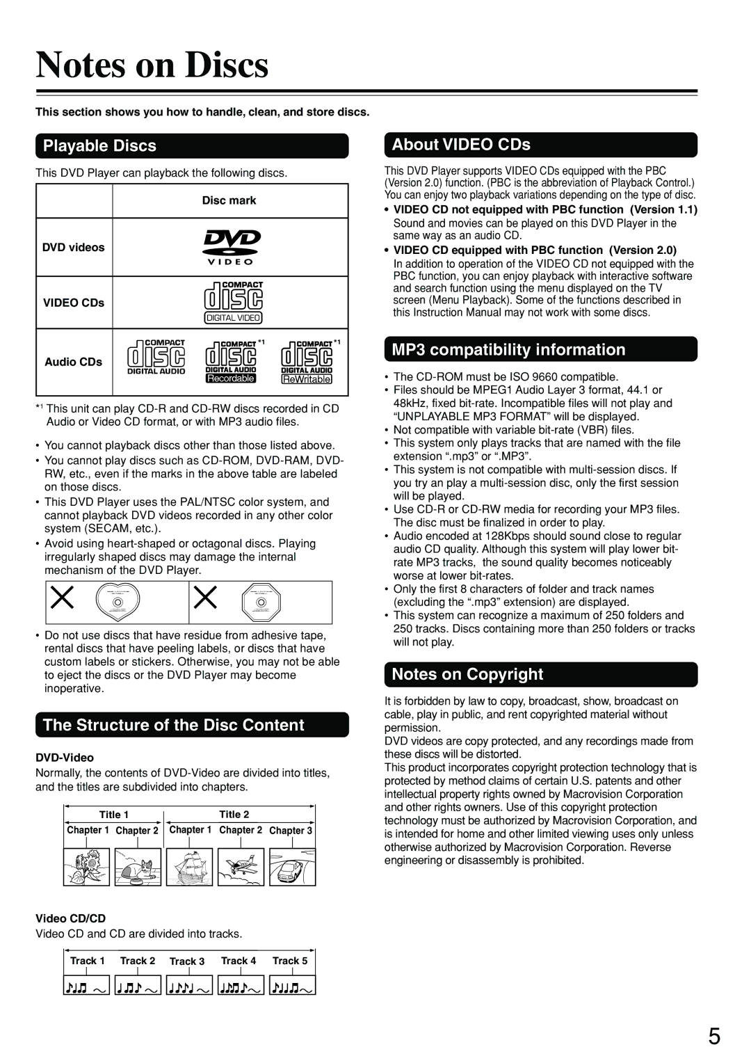 Onkyo DV-S555 Playable Discs, Structure of the Disc Content, About Video CDs, MP3 compatibility information 