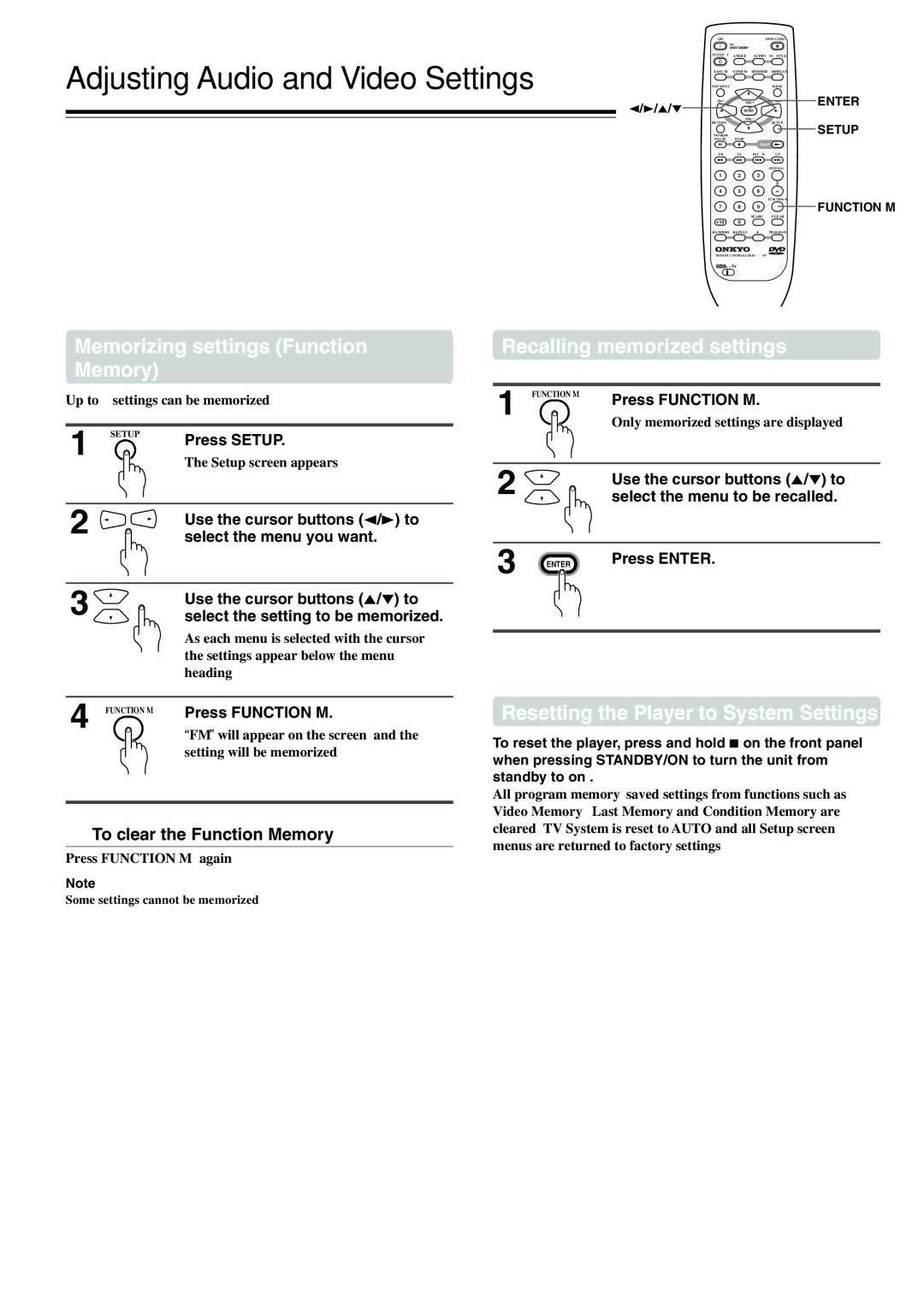 Onkyo DV-S555 Memorizing settings Function Memory, Recalling memorized settings, Resetting the Player to System Settings 