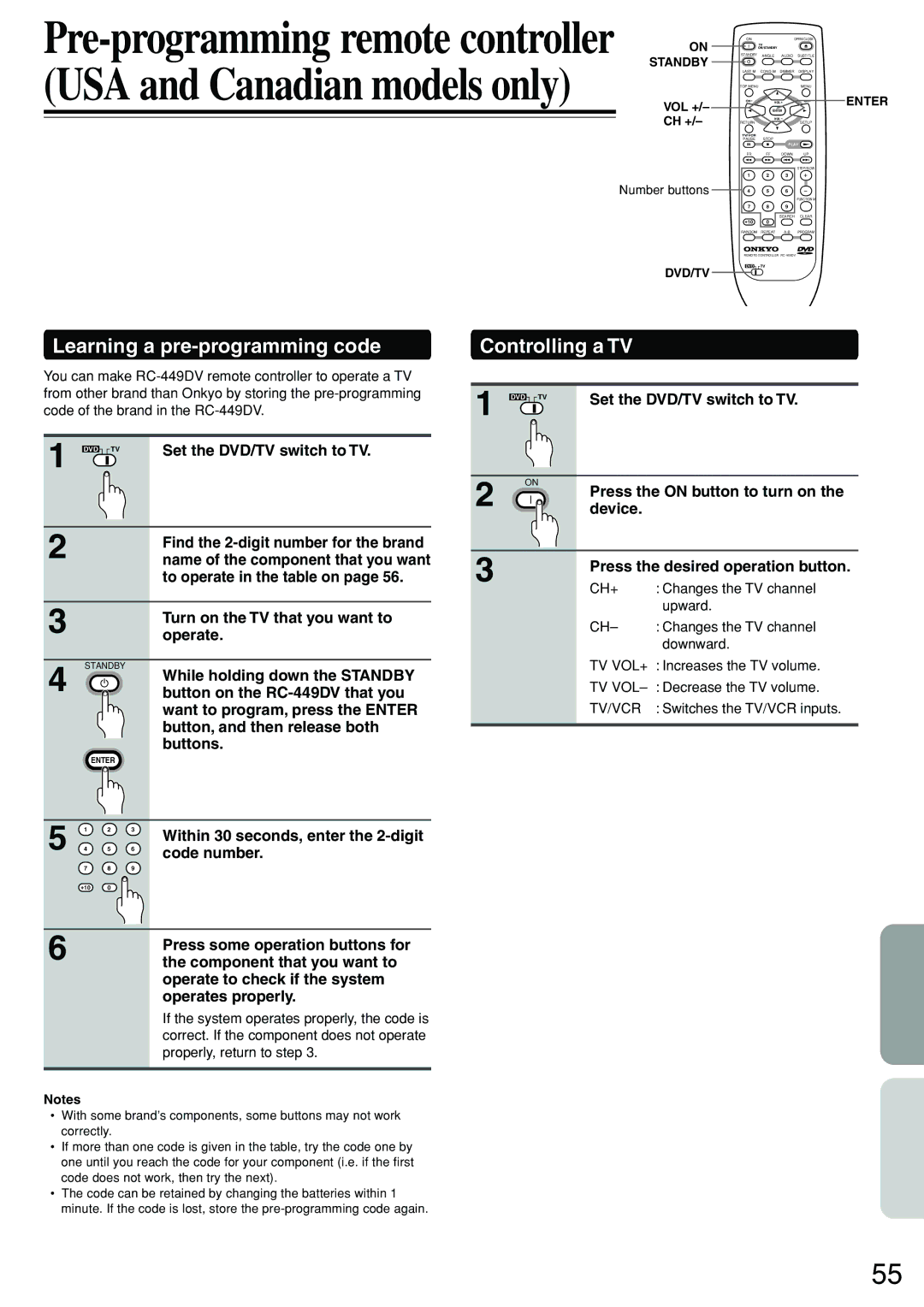 Onkyo DV-S555 instruction manual Learning a pre-programming code, Controlling a TV 