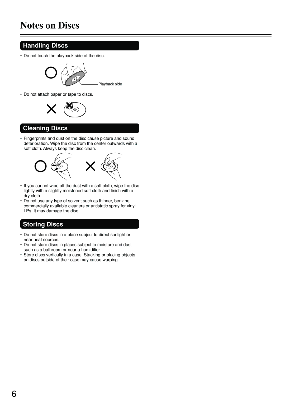 Onkyo DV-S555 instruction manual Handling Discs, Cleaning Discs, Storing Discs, Do not touch the playback side of the disc 