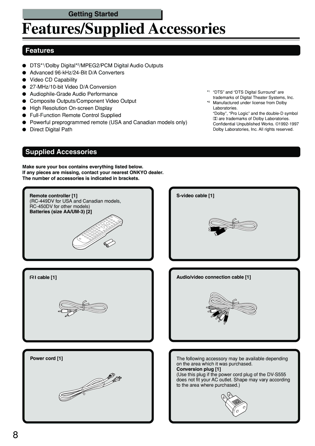 Onkyo DV-S555 instruction manual Features/Supplied Accessories, Conversion plug 