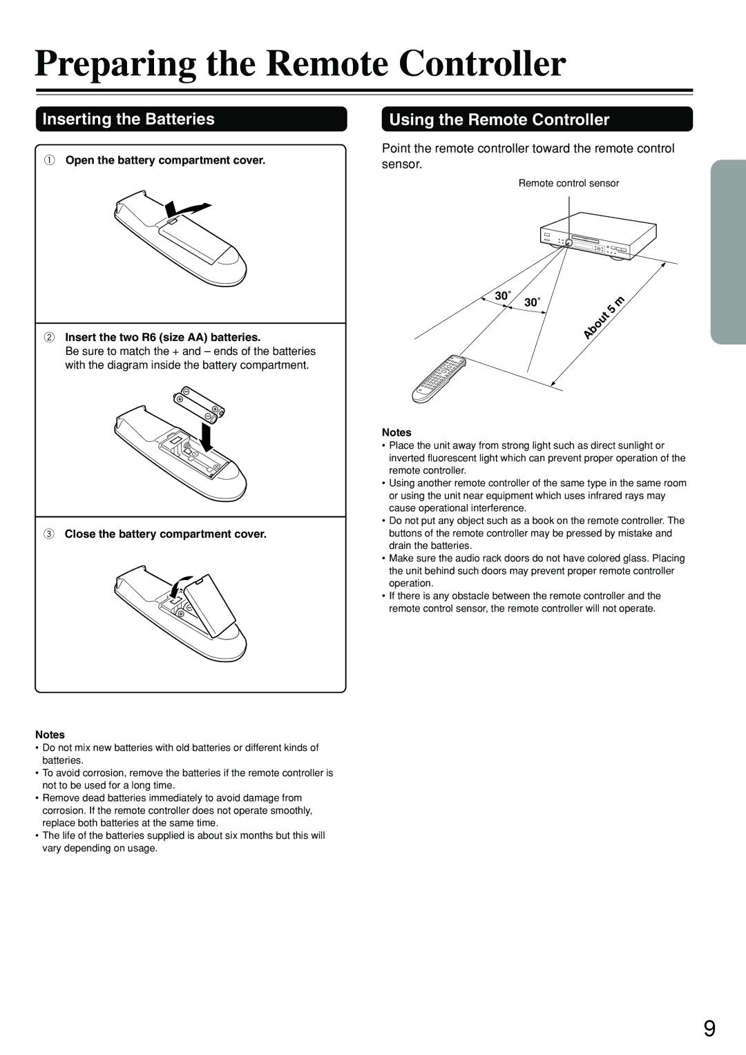 Onkyo DV-S555 instruction manual Preparing the Remote Controller, Inserting the Batteries, Using the Remote Controller 