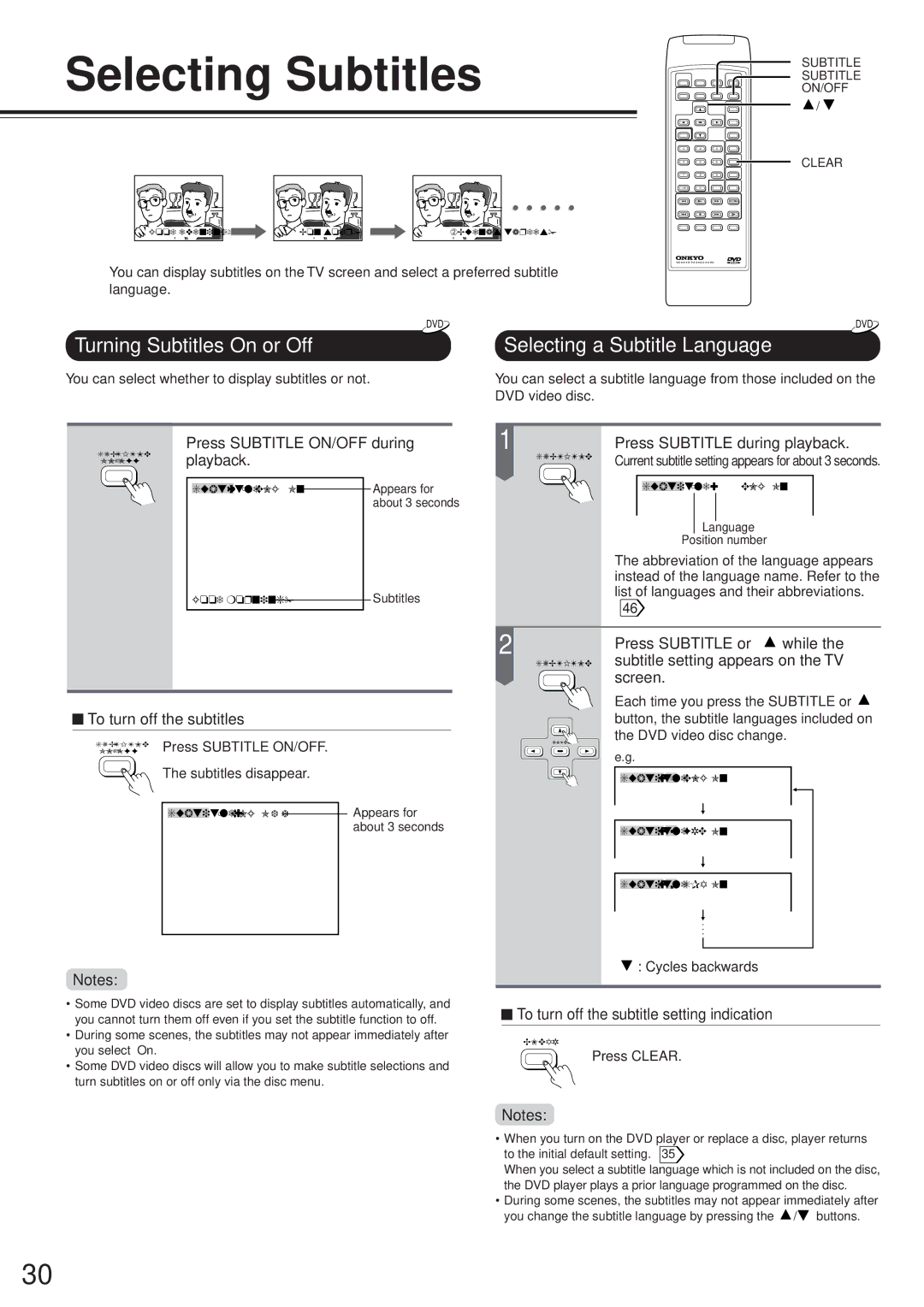 Onkyo DV-S717 instruction manual Selecting Subtitles, Turning Subtitles On or Off Selecting a Subtitle Language 