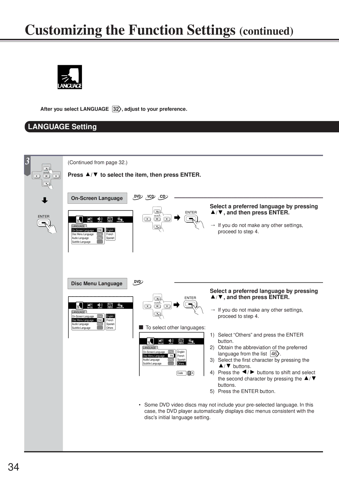 Onkyo DV-S717 Language Setting, Press / to select the item, then press Enter, Select a preferred language by pressing 