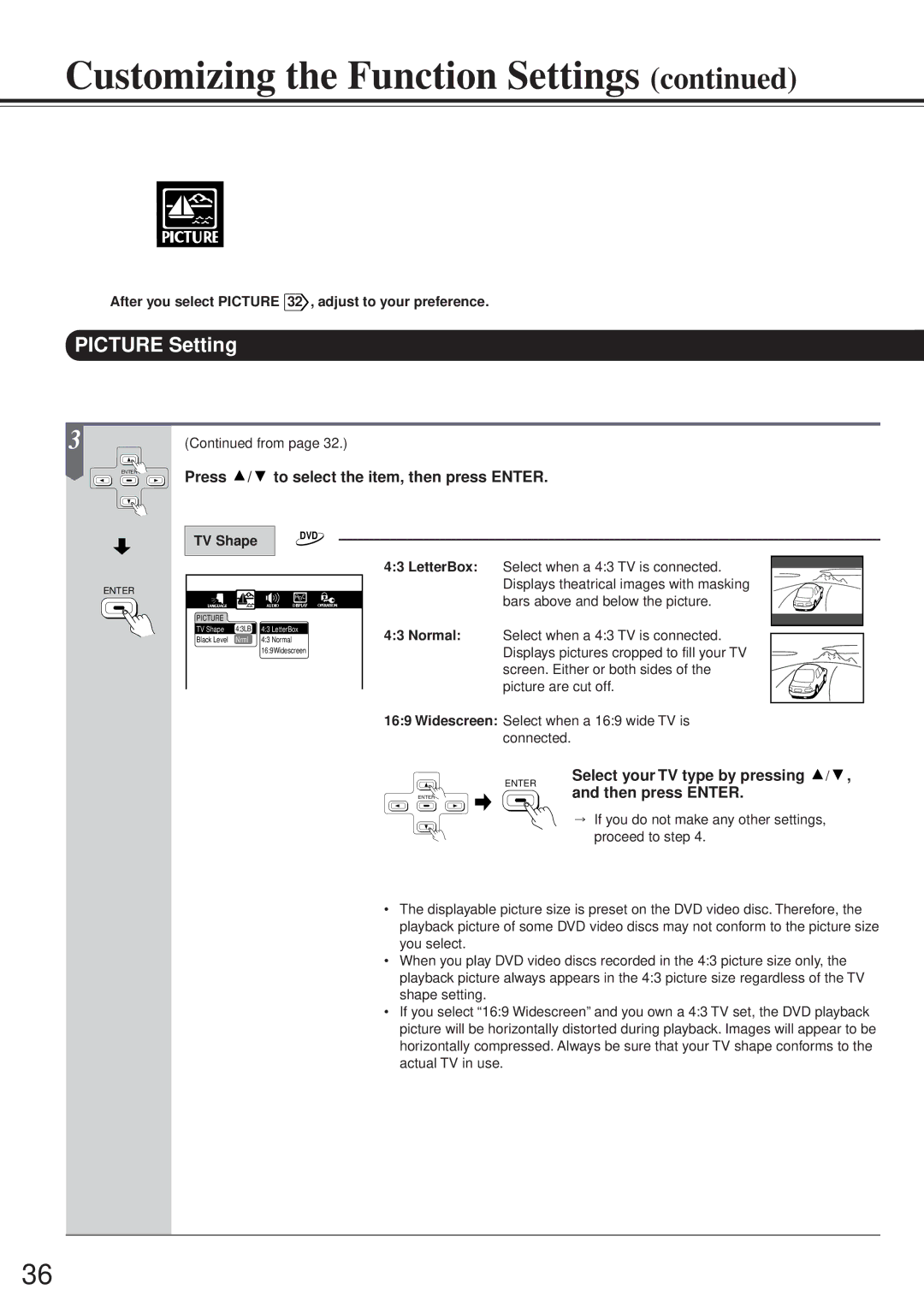 Onkyo DV-S717 Picture Setting, Select your TV type by pressing, After you select Picture 32 , adjust to your preference 