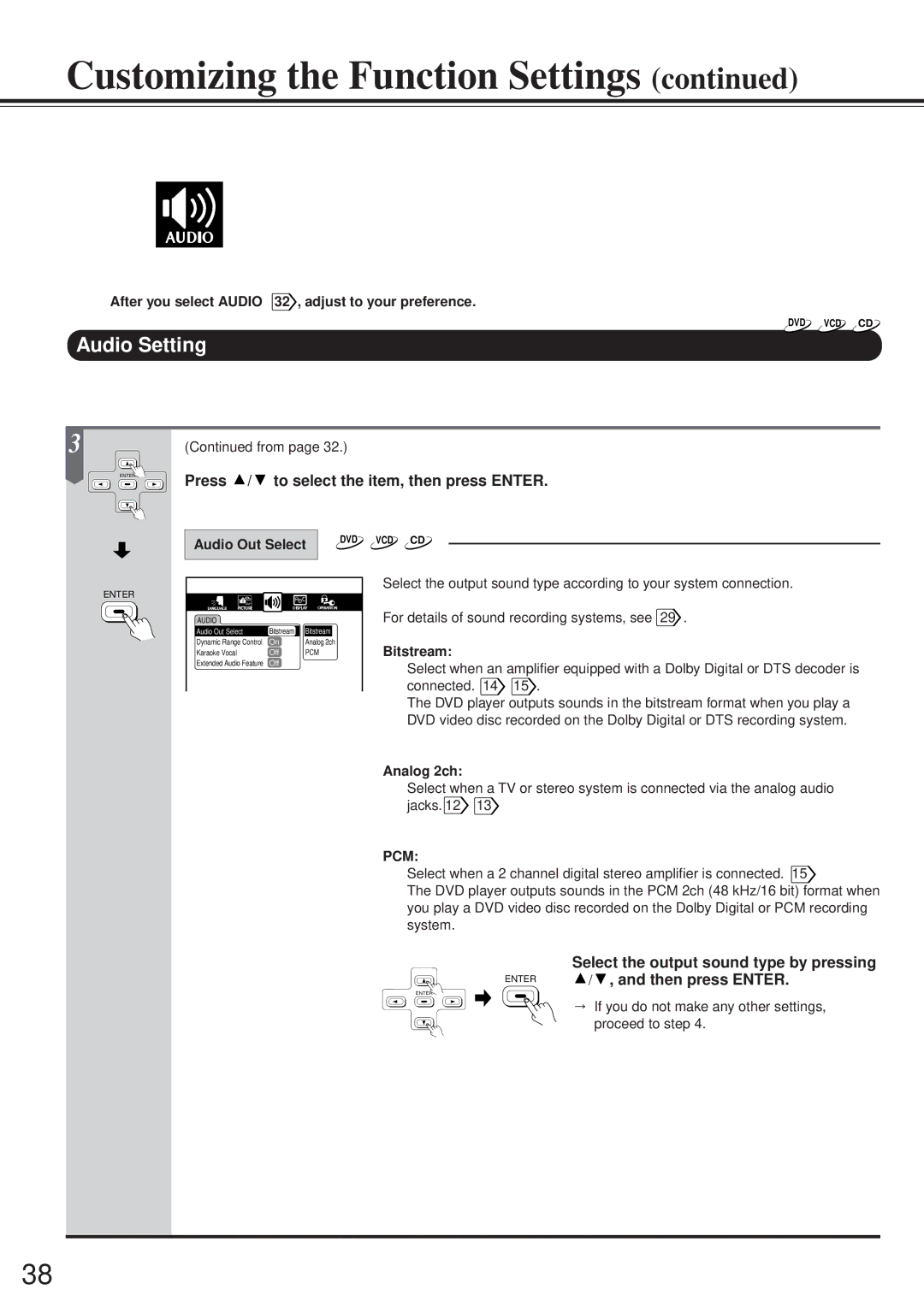 Onkyo DV-S717 instruction manual Audio Setting, Select the output sound type by pressing 