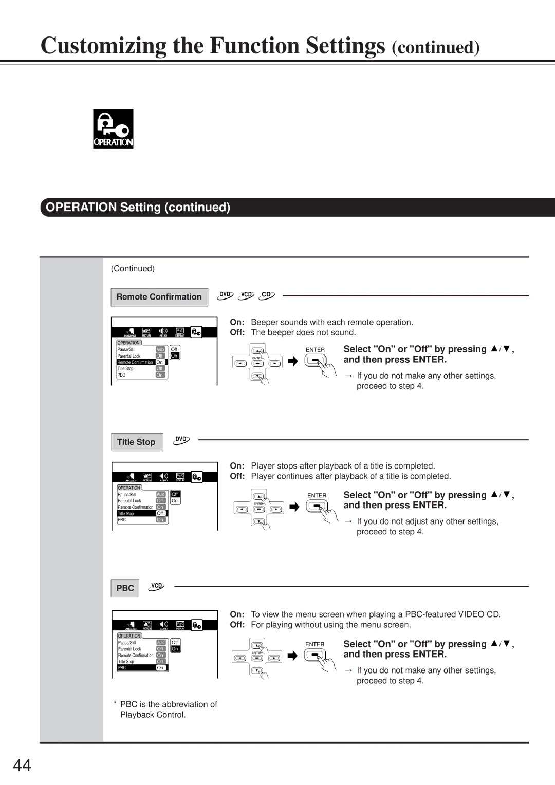 Onkyo DV-S717 instruction manual Remote Confirmation, Title Stop, PBC is the abbreviation of Playback Control 