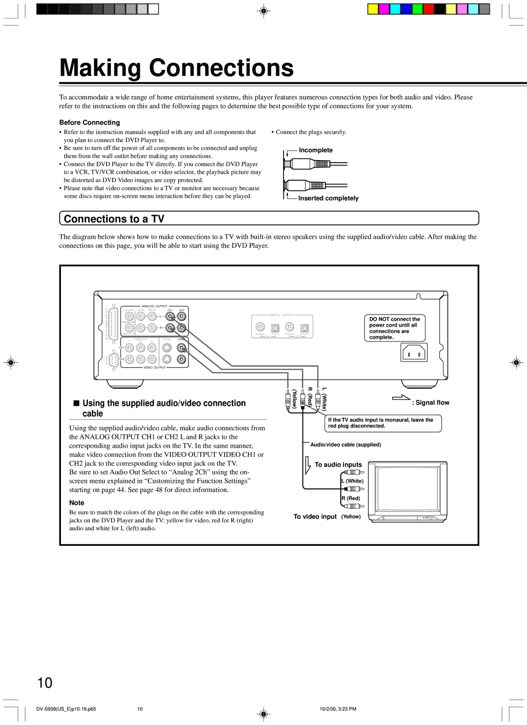 Onkyo DV-S939 instruction manual Making Connections, Connections to a TV, Using the supplied audio/video connection, Cable 