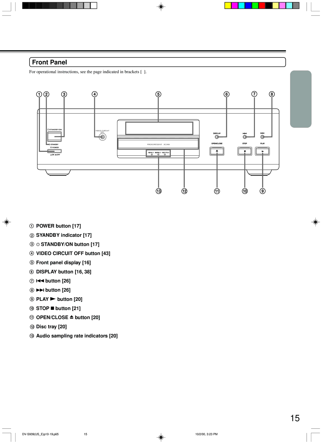 Onkyo DV-S939 instruction manual Front Panel, Button, OPEN/CLOSE button Disc tray Audio sampling rate indicators 