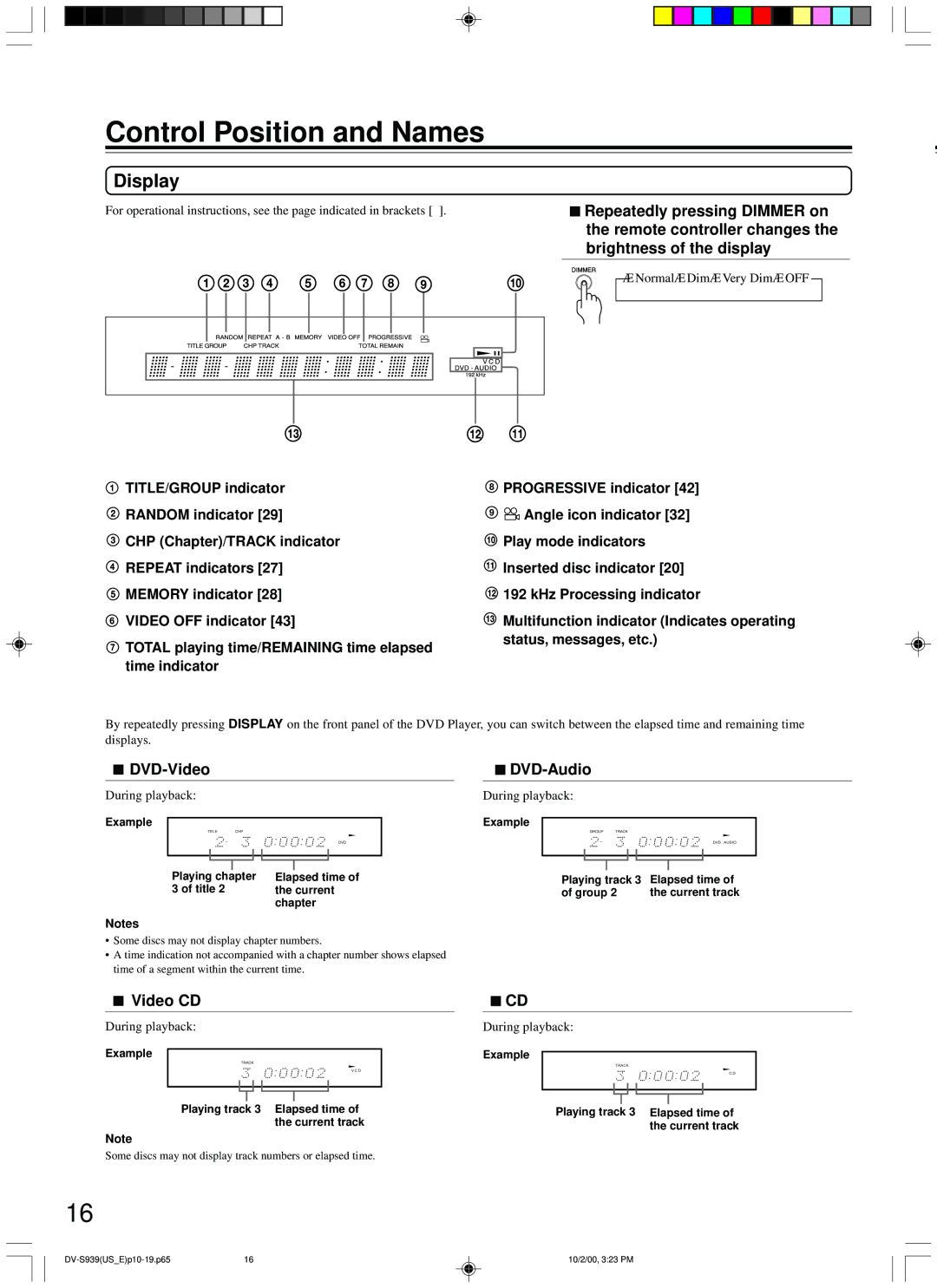 Onkyo DV-S939 instruction manual Display, DVD-Video, DVD-Audio, Video CD 