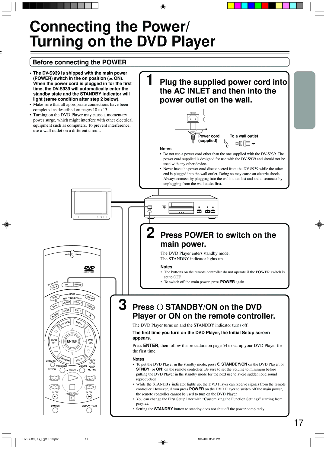 Onkyo DV-S939 instruction manual Connecting the Power Turning on the DVD Player, Before connecting the Power 