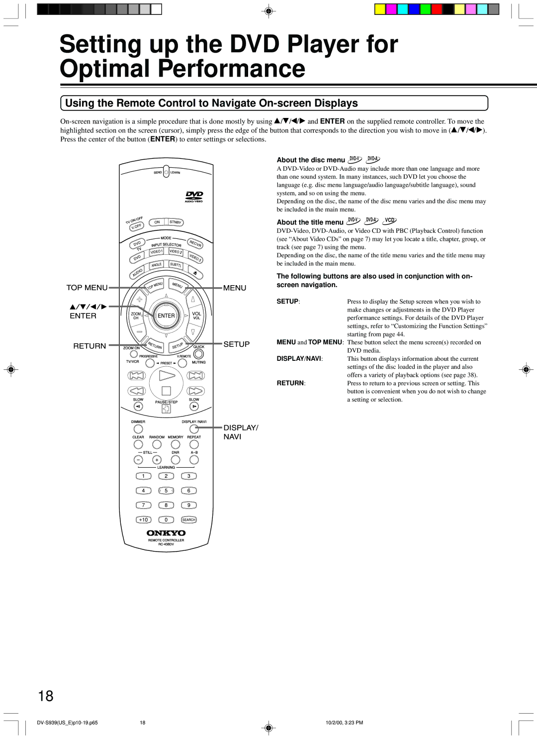 Onkyo DV-S939 Setting up the DVD Player for Optimal Performance, Using the Remote Control to Navigate On-screen Displays 