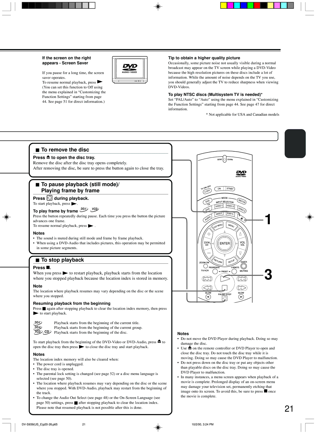 Onkyo DV-S939 instruction manual To remove the disc, To pause playback still mode Playing frame by frame, To stop playback 