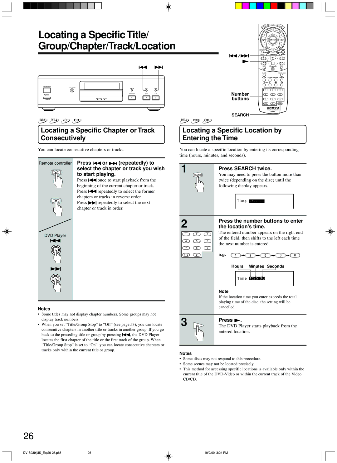 Onkyo DV-S939 Locating a Specific Chapter or Track Consecutively, Locating a Specific Location by Entering the Time 