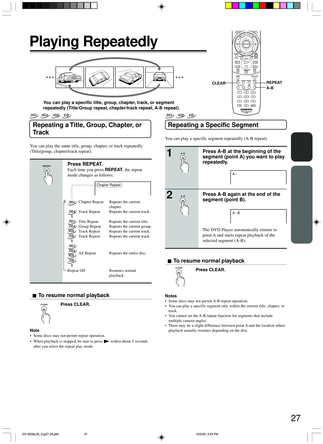 Onkyo DV-S939 Playing Repeatedly, Repeating a Title, Group, Chapter, or Track, Repeating a Specific Segment 