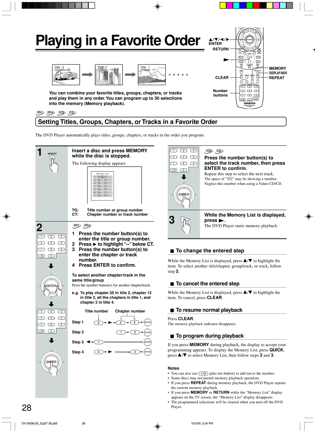 Onkyo DV-S939 instruction manual Playing in a Favorite Order Enter, To change the entered step, To cancel the entered step 