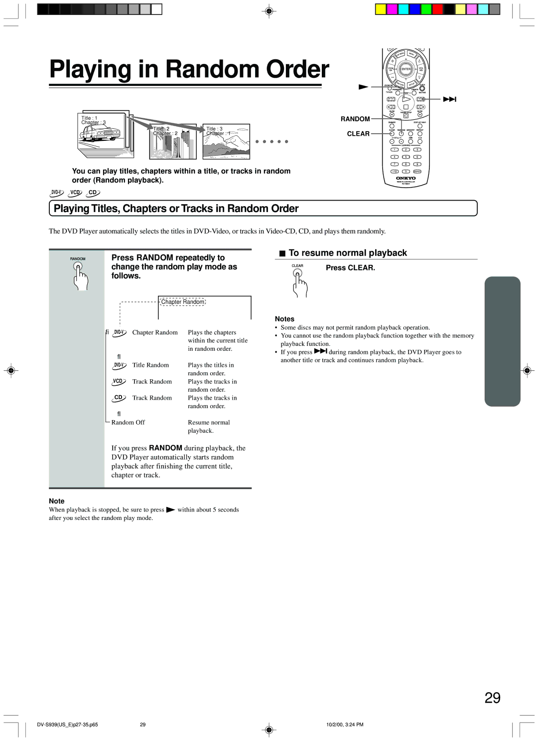 Onkyo DV-S939 instruction manual Playing in Random Order, Playing Titles, Chapters or Tracks in Random Order 