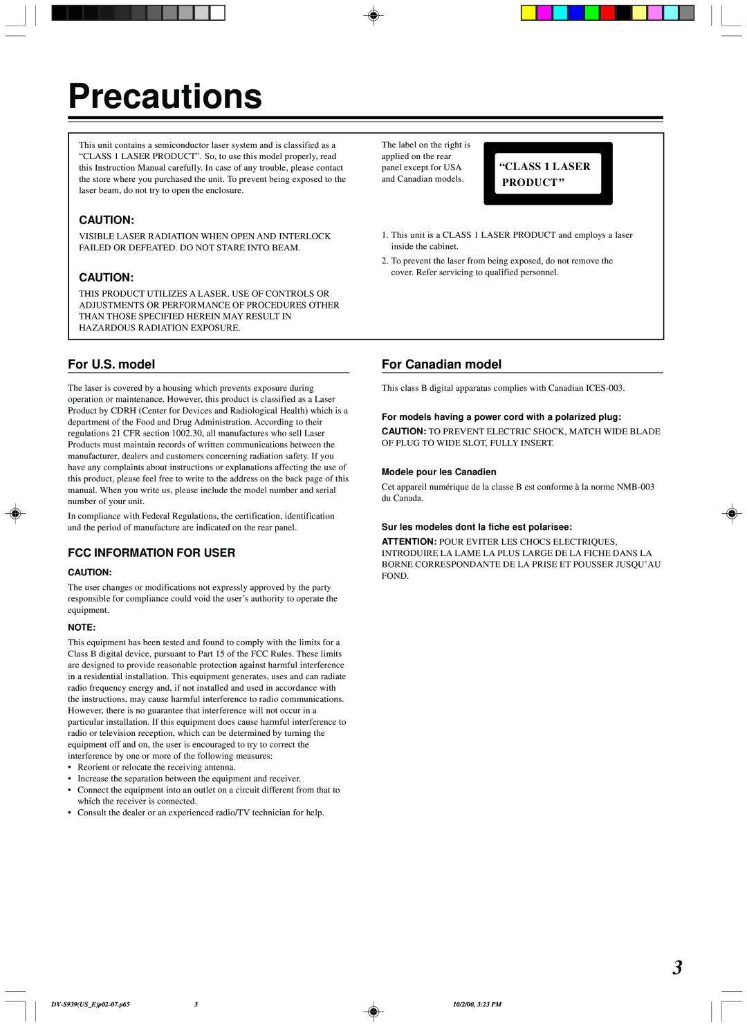 Onkyo DV-S939 Precautions, For U.S. model, For Canadian model, Sur les modeles dont la fiche est polarisee 