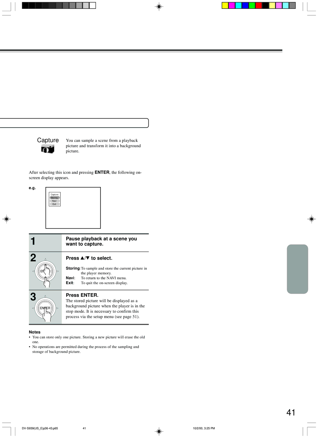 Onkyo DV-S939 instruction manual Capture Storing Navi Exit 