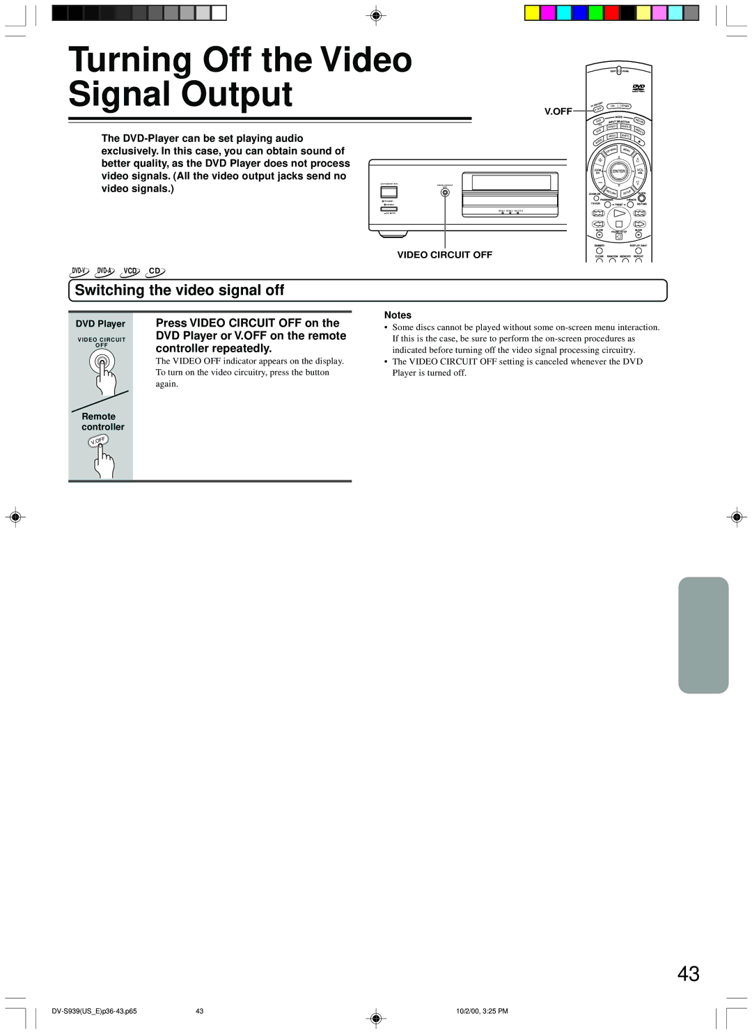 Onkyo DV-S939 instruction manual Turning Off the Video Signal Output, Switching the video signal off, DVD Player 