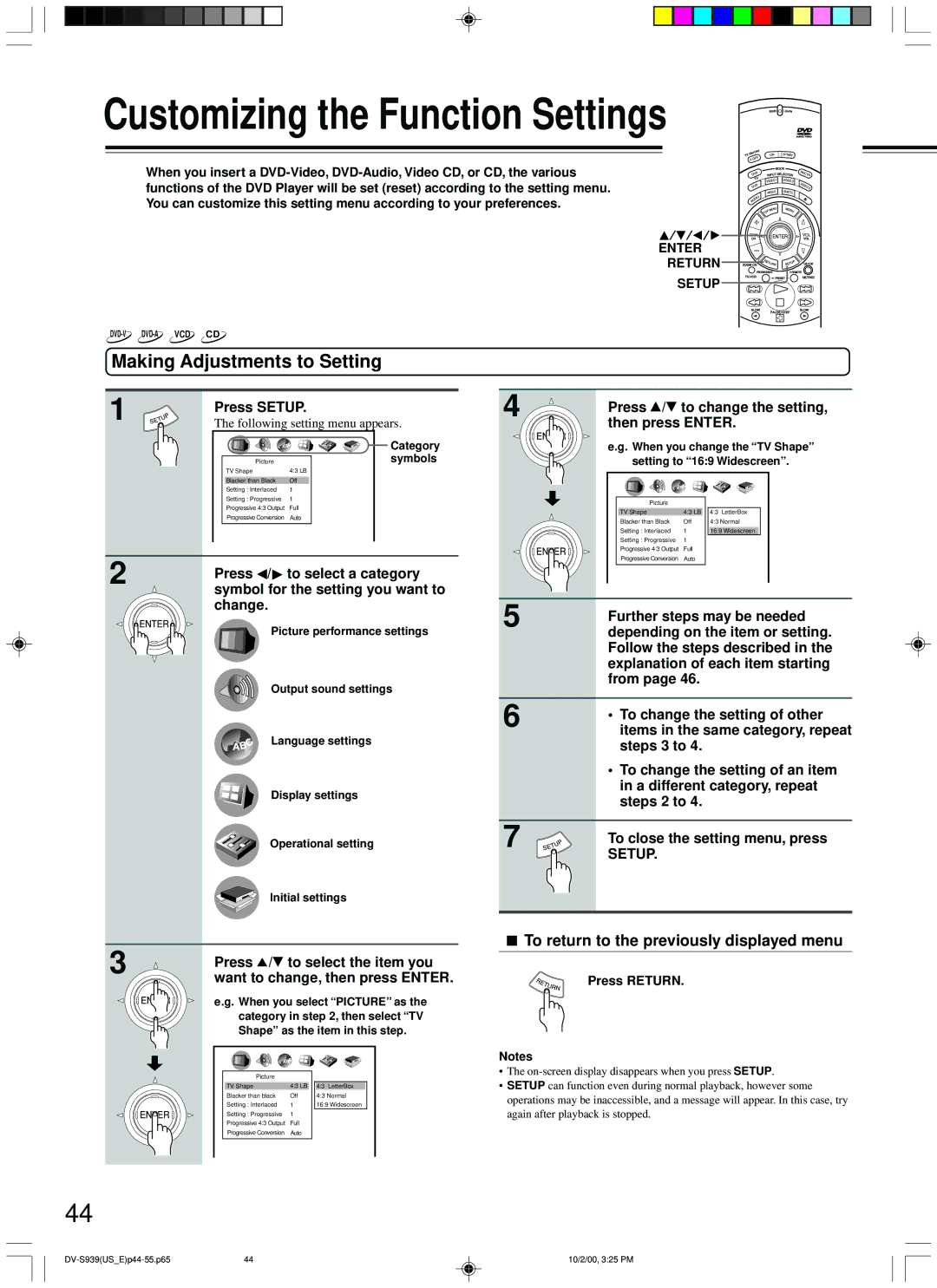 Onkyo DV-S939 Customizing the Function Settings, Making Adjustments to Setting, To return to the previously displayed menu 