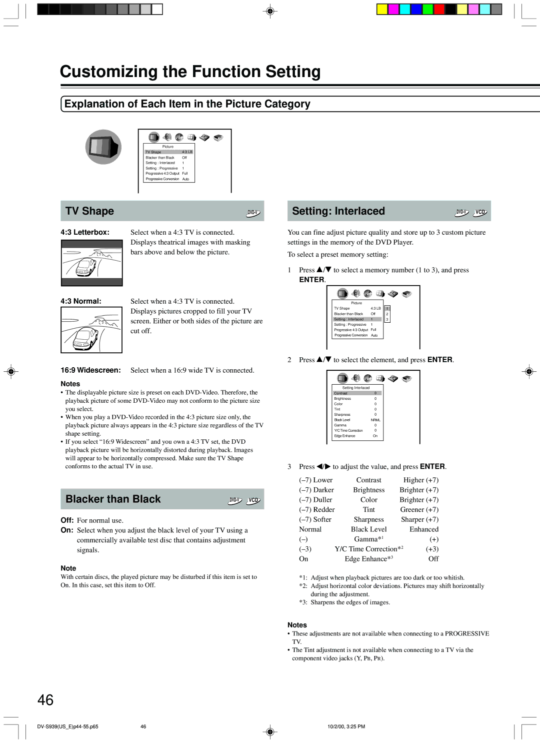 Onkyo DV-S939 Explanation of Each Item in the Picture Category, TV Shape, Setting Interlaced, Blacker than Black 