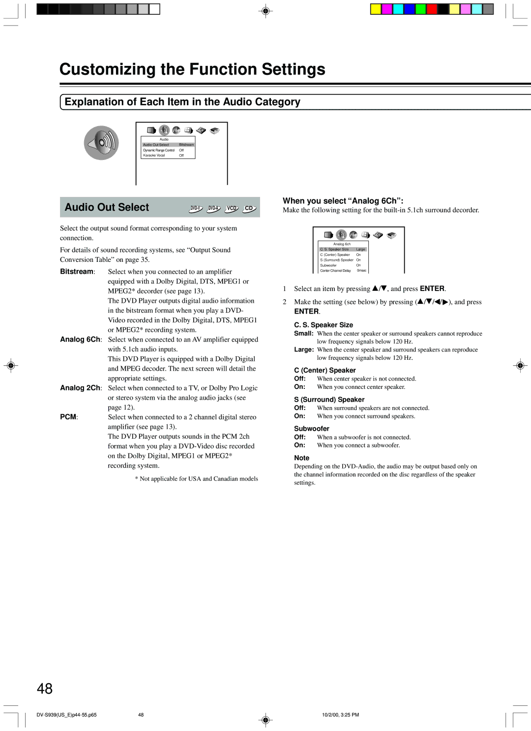 Onkyo DV-S939 Explanation of Each Item in the Audio Category, Audio Out Select, When you select Analog 6Ch 