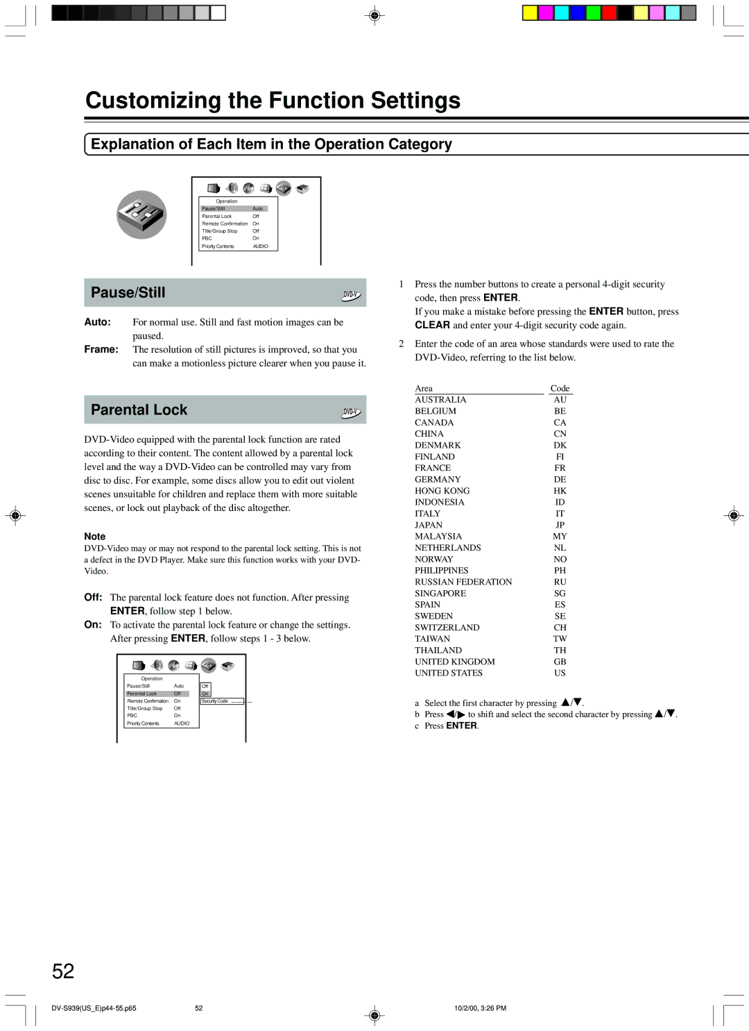 Onkyo DV-S939 instruction manual Explanation of Each Item in the Operation Category, Pause/Still, Parental Lock 