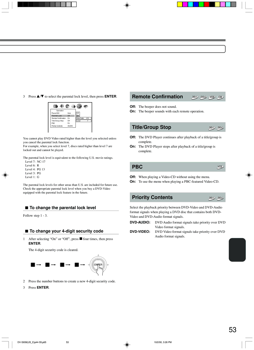 Onkyo DV-S939 instruction manual Remote Confirmation, Title/Group Stop, Priority Contents 