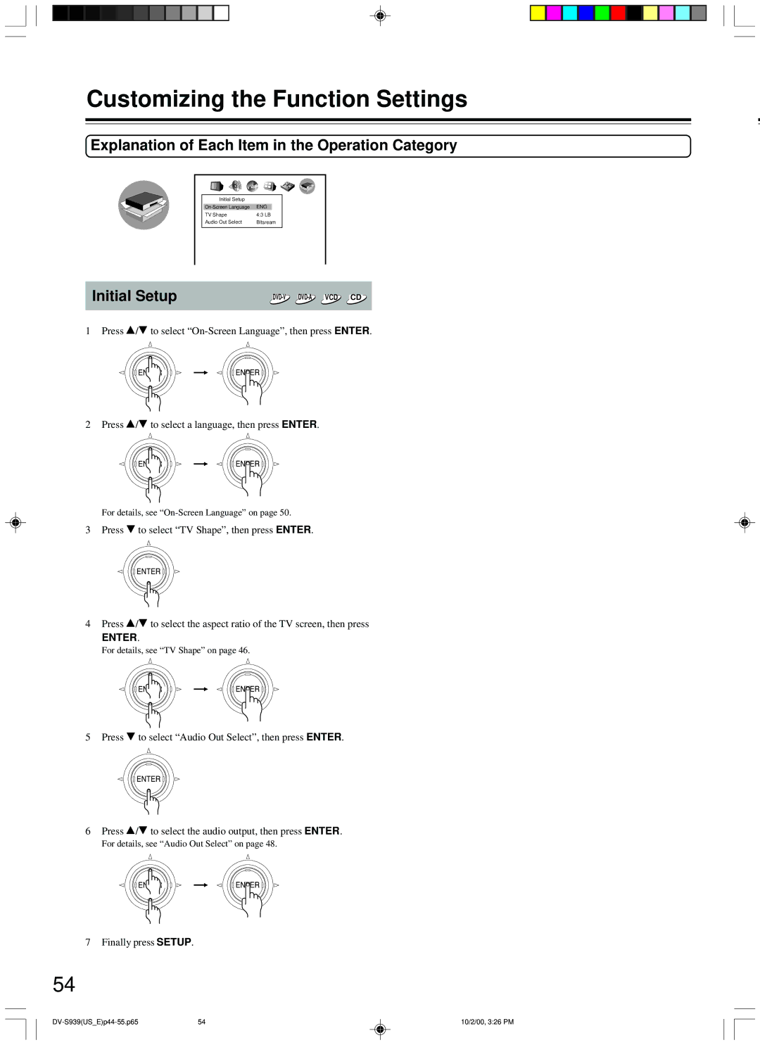 Onkyo DV-S939 instruction manual Initial Setup, Finally press Setup 