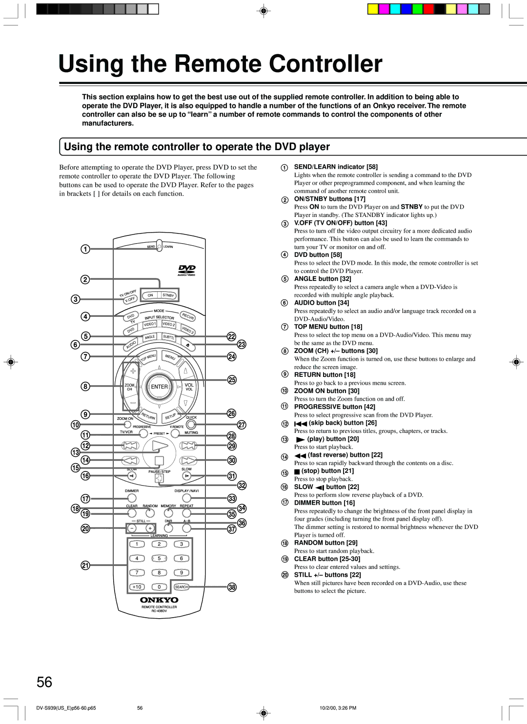 Onkyo DV-S939 instruction manual Using the Remote Controller, Using the remote controller to operate the DVD player 