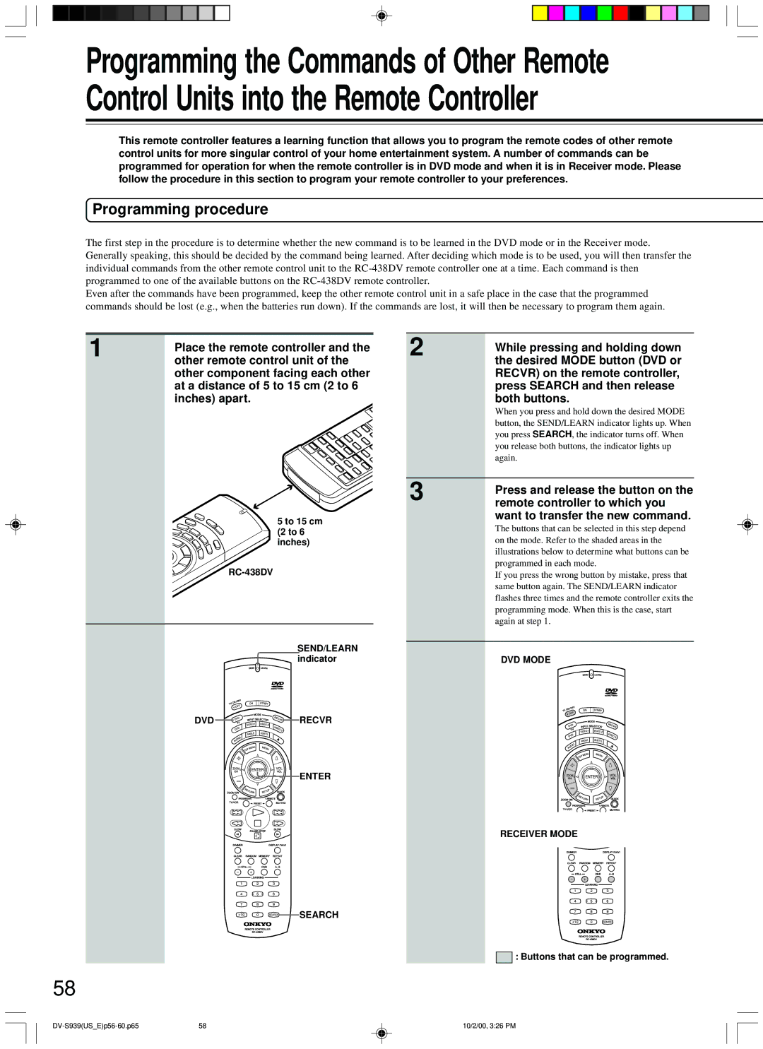 Onkyo DV-S939 instruction manual Programming procedure, Buttons that can be programmed 