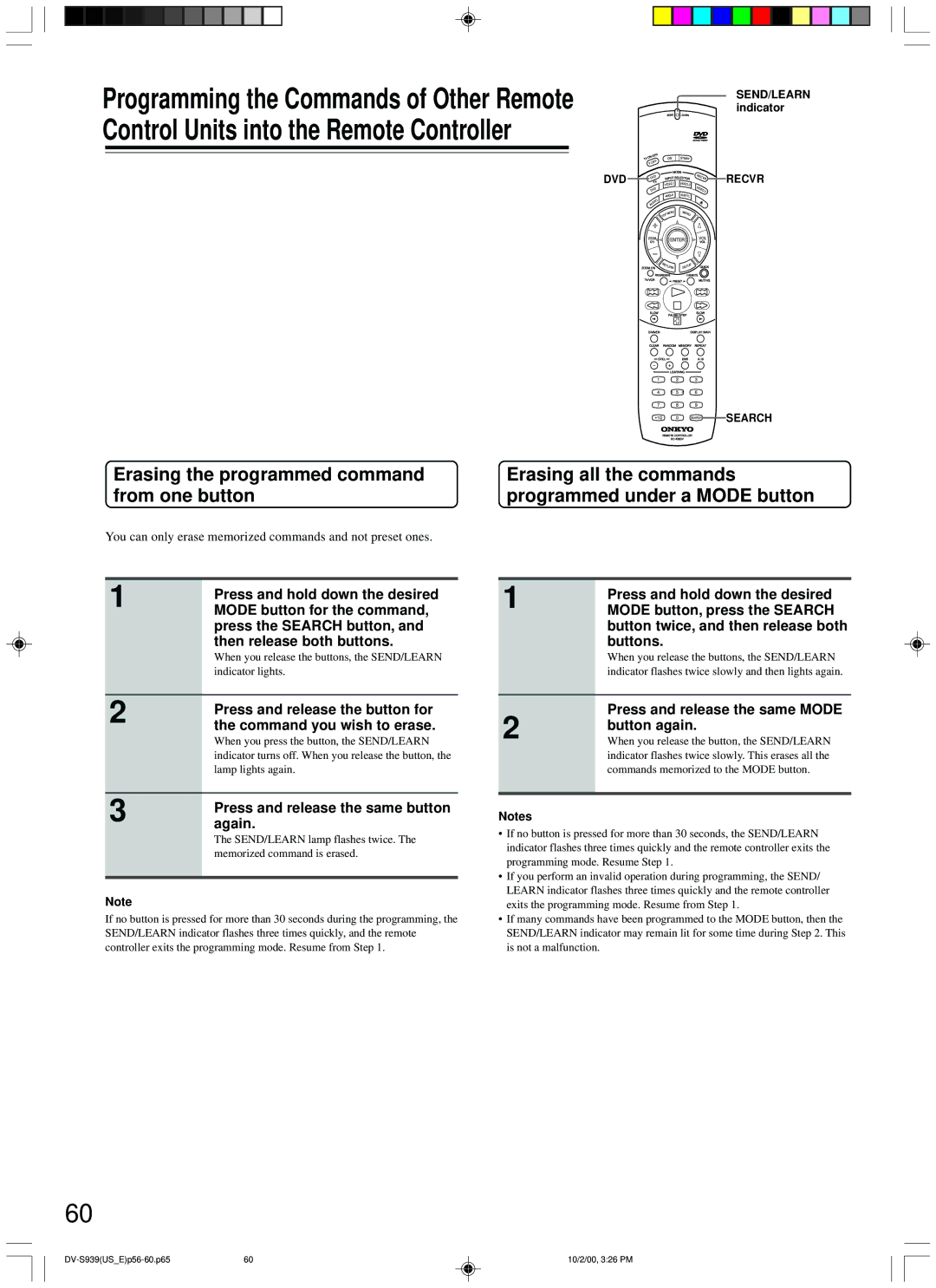 Onkyo DV-S939 Erasing the programmed command from one button, Erasing all the commands programmed under a Mode button 