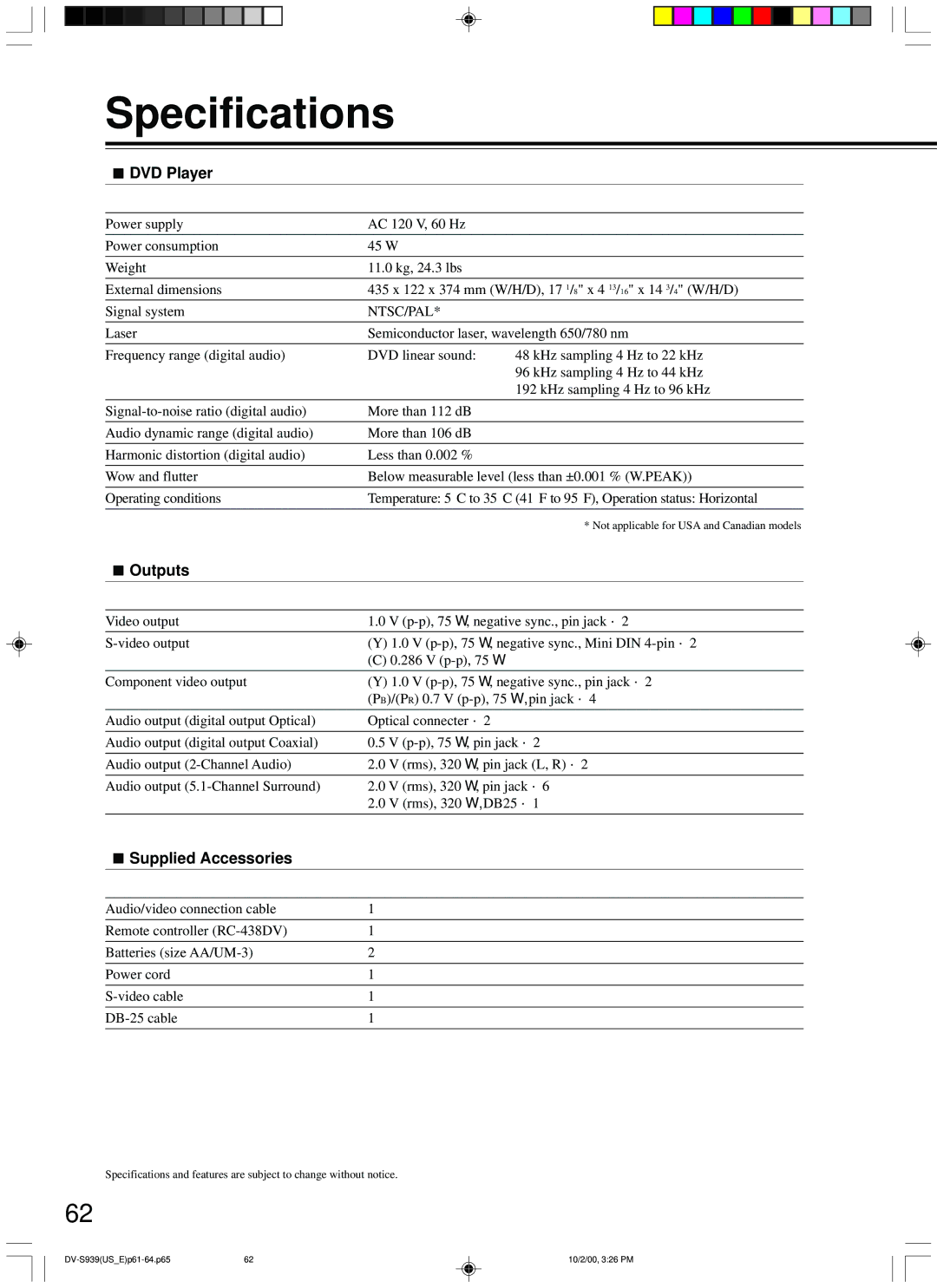 Onkyo DV-S939 instruction manual Specifications, DVD Player, Outputs, Supplied Accessories 